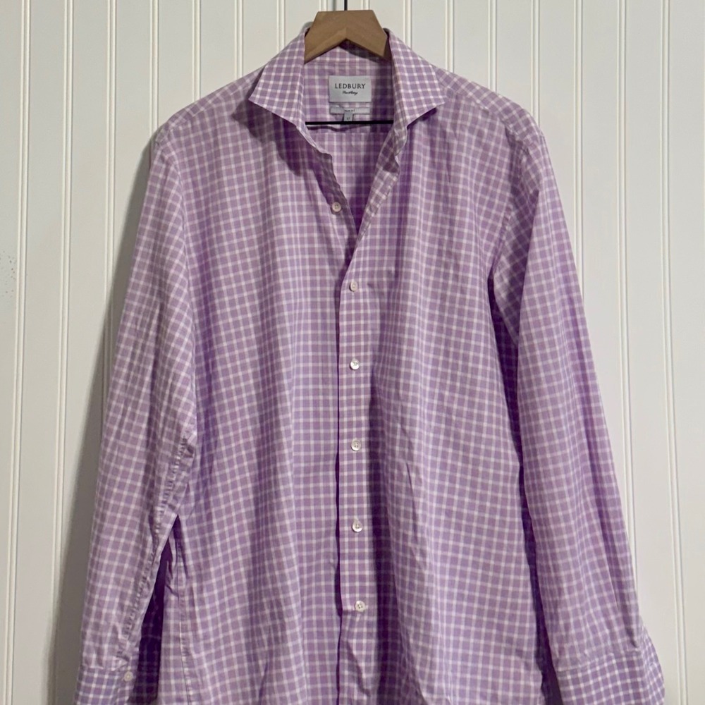 LEDBURY Slim Fit‎ Shirt 17 Purple Gingham Check Spread Collar Luxury Shirting - Picture 2 of 7